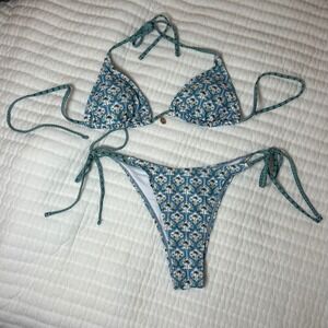 Tropical Palm Tree Print Triangle Bikini Set Blue Green Size M Two Piece